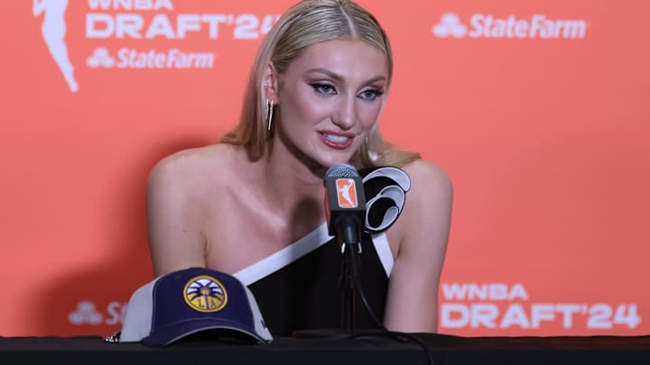 Cameron Brink speaks in a press conference after she is selected with the number two overall pick to the Los Angeles Sparks n the 2024 WNBA Draft at Brooklyn Academy of Music.