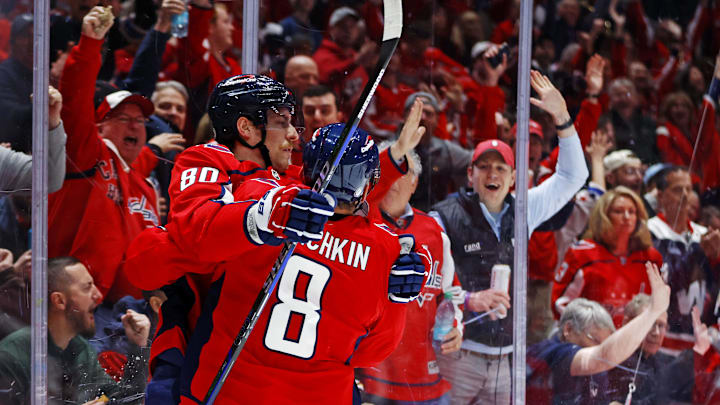 Pierre-Luc Dubois, Alex Ovechkin, Washington Capitals Mandatory Credit: Peter Casey-Imagn Images