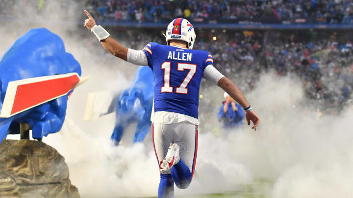 Dec 17, 2023; Orchard Park, New York, USA; Buffalo Bills quarterback Josh Allen (17) takes the field before the game against the Dallas Cowboys at Highmark Stadium. Mandatory Credit: Mark Konezny-USA TODAY Sports
