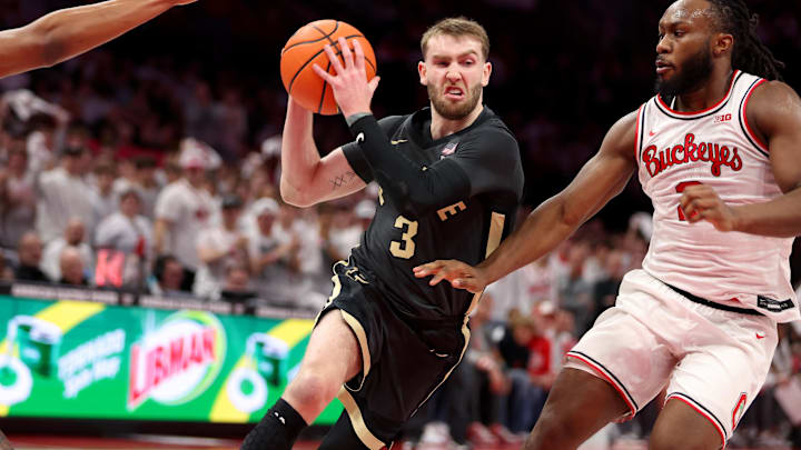 Purdue Boilermakers guard Braden Smith (3) drives to the basket as Ohio State Buckeyes guard Bruce Thornton (2) defends. Purdue Boilermakers guard Braden Smith (3) drives to the basket as Ohio State Buckeyes guard Bruce Thornton (2) defends.