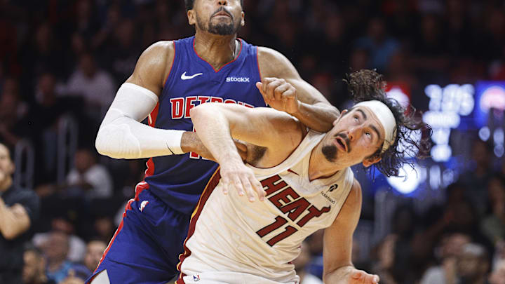 Oct 28, 2024; Miami, Florida, USA; Detroit Pistons forward Tobias Harris (12) and Miami Heat guard Jaime Jaquez Jr. (11) battle for position to get a rebound during the second half at Kaseya Center. Mandatory Credit: Rhona Wise-Imagn Images Oct 28, 2024; Miami, Florida, USA; Detroit Pistons forward Tobias Harris (12) and Miami Heat guard Jaime Jaquez Jr. (11) battle for position to get a rebound during the second half at Kaseya Center. Mandatory Credit: Rhona Wise-Imagn Images