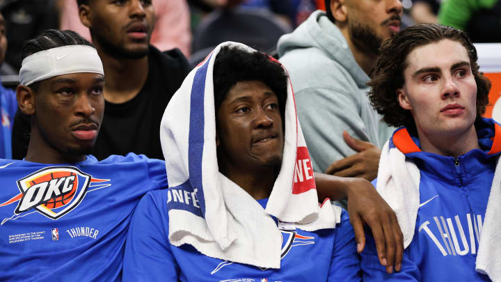Apr 14, 2023; Minneapolis, Minnesota, USA; Oklahoma City Thunder guard Shai Gilgeous-Alexander (2), forward Jalen Williams (8) and Oklahoma City Thunder guard Josh Giddey (3) react during the fourth quarter against the Minnesota Timberwolves at Target Center. Mandatory Credit: Matt Krohn-USA TODAY Sports
