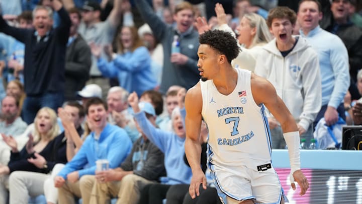 Feb 28, 2026; Chapel Hill, North Carolina, USA; The crowd reacts after North Carolina Tar Heels guard Seth Trimble (7) hits a three point shot in the first half at Dean E. Smith Center. Mandatory Credit: Bob Donnan-Imagn Images