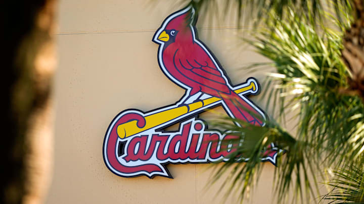 Feb 26, 2021; Jupiter, Florida, USA; A general view of the St. Louis Cardinals logo on the stadium at Roger Dean Stadium during spring training workouts. Mandatory Credit: Jasen Vinlove-Imagn Images