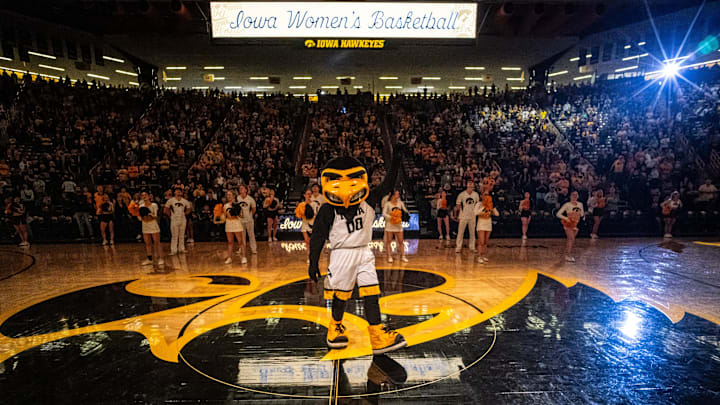 University of Iowa mascot Herky the Hawk gets pumped up at mid court before a NCAA college women's basketball game against Fairleigh Dickinson University Knights, Monday, Nov. 6, 2023, at Carver-Hawkeye Arena in Iowa City, Iowa.