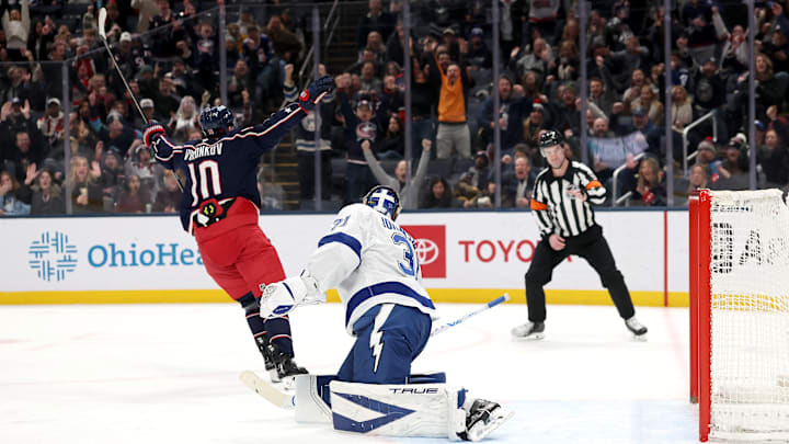 Blue Jackets forward Dmitri Voronkov celebrates a goal against the Tampa Bay Lightning.