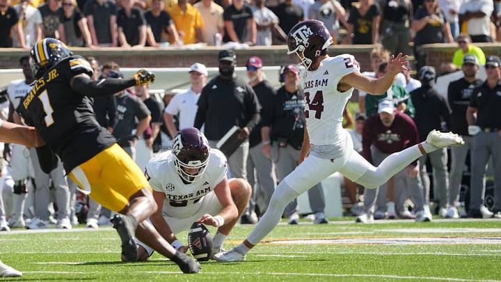 Oct 10, 2026; Columbia, Missouri, USA; Texas A&M Aggies kicker David Olano (24) scores a field goal against the Missouri Tigers during the second half of the game at Faurot Field at Memorial Stadium. Mandatory Credit: Denny Medley-Imagn Images Oct 10, 2026; Columbia, Missouri, USA; Texas A&M Aggies kicker David Olano (24) scores a field goal against the Missouri Tigers during the second half of the game at Faurot Field at Memorial Stadium. Mandatory Credit: Denny Medley-Imagn Images