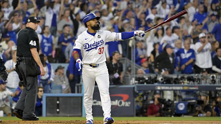 Oct 26, 2024; Los Angeles, California, USA; Los Angeles Dodgers outfielder Teoscar Hernandez (37) hits a two run home run in the third inning against the New York Yankees during game two of the 2024 MLB World Series at Dodger Stadium. Mandatory Credit: Jayne Kamin-Oncea-Imagn Images Oct 26, 2024; Los Angeles, California, USA; Los Angeles Dodgers outfielder Teoscar Hernandez (37) hits a two run home run in the third inning against the New York Yankees during game two of the 2024 MLB World Series at Dodger Stadium. Mandatory Credit: Jayne Kamin-Oncea-Imagn Images