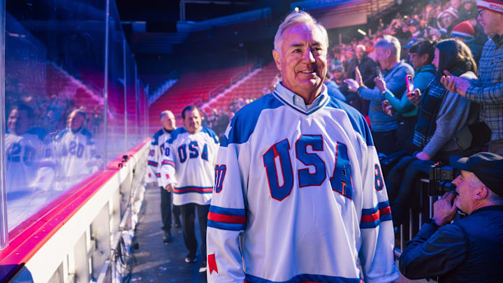 Jim Craig, Mark Johnson, Mike Eruzione walk to relive their Team USA iconic "Miracle on Ice" matchup.