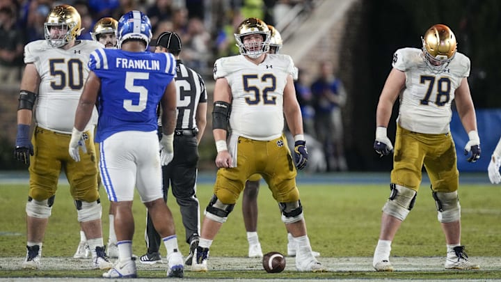 Sep 30, 2023; Durham, North Carolina, USA; Notre Dame Fighting Irish offensive lineman Rocco Spindler (50), offensive lineman Zeke Correll (52) and offensive lineman Pat Coogan (78) during the second half against the Duke Blue Devils at Wallace Wade Stadium.