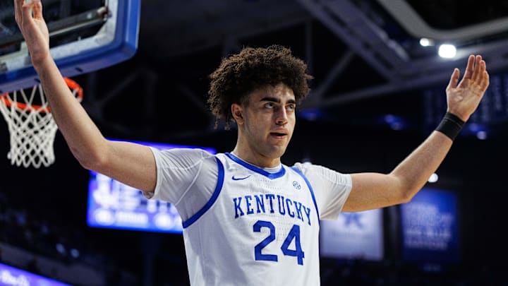 Jan 10, 2026; Lexington, Kentucky, USA; Kentucky Wildcats center Malachi Moreno (24) motions for the crowd to cheer during the first half against the Mississippi State Bulldogs at Rupp Arena at Central Bank Center. Mandatory Credit: Jordan Prather-Imagn Images Jan 10, 2026; Lexington, Kentucky, USA; Kentucky Wildcats center Malachi Moreno (24) motions for the crowd to cheer during the first half against the Mississippi State Bulldogs at Rupp Arena at Central Bank Center. Mandatory Credit: Jordan Prather-Imagn Images
