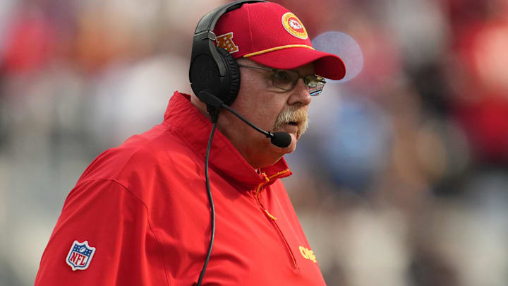 Sep 29, 2024; Inglewood, California, USA; Kansas City Chiefs coach Andy Reid looks on against the Los Angeles Chargers in the second half at SoFi Stadium. Mandatory Credit: Kirby Lee-Imagn Images