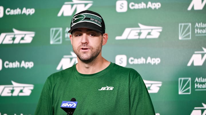 Jun 11, 2025; Florham Park, NY, USA; New York Jets offensive coordinator Tanner Engstrand speaks at a press conference during minicamp at Atlantic Health Jets Training Center. Mandatory Credit: John Jones-Imagn Images