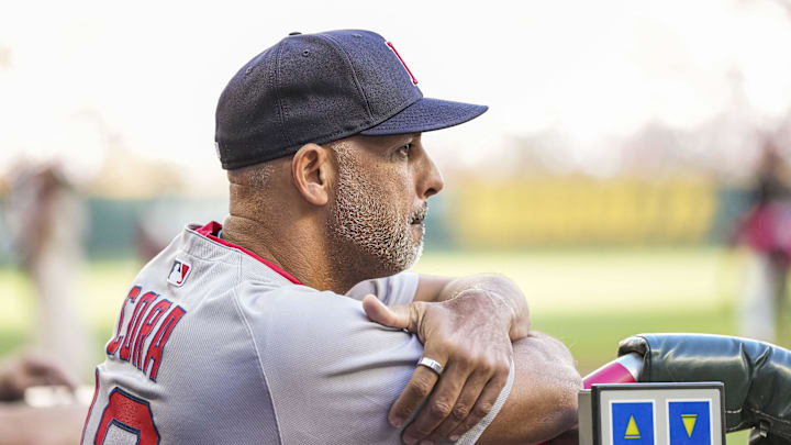 May 30, 2025; Cumberland, Georgia, USA; Boston Red Sox manager Alex Cora (13) in the dugout against the Atlanta Braves during the first inning at Truist Park. Mandatory Credit: Dale Zanine-Imagn Images May 30, 2025; Cumberland, Georgia, USA; Boston Red Sox manager Alex Cora (13) in the dugout against the Atlanta Braves during the first inning at Truist Park. Mandatory Credit: Dale Zanine-Imagn Images