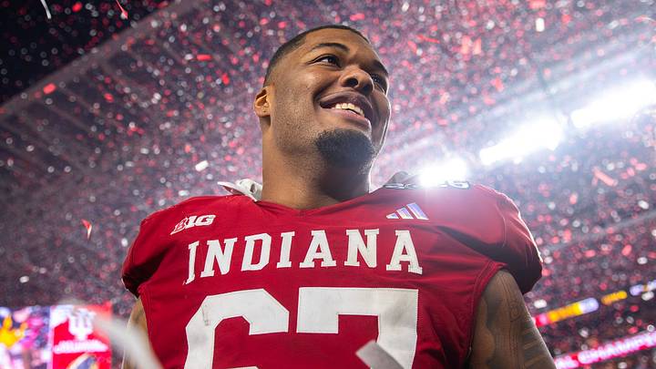 Indiana's Kahlil Benson (67) celebrates after the College Football Playoff National Championship college football game at Hard Rock Stadium in Miami Gardens on Monday, Jan. 19, 2026. Indiana's Kahlil Benson (67) celebrates after the College Football Playoff National Championship college football game at Hard Rock Stadium in Miami Gardens on Monday, Jan. 19, 2026.