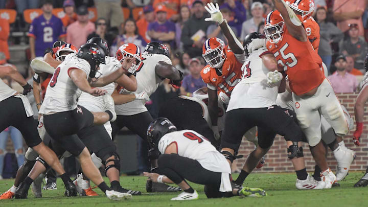 Nov 2, 2024; Clemson, South Carolina, USA;  Louisville Cardinals kicker Brock Travelstead (38) makes a field goal against the Clemson Tigers during the second quarter at Memorial Stadium. Mandatory Credit: Ken Ruinard-Imagn Images