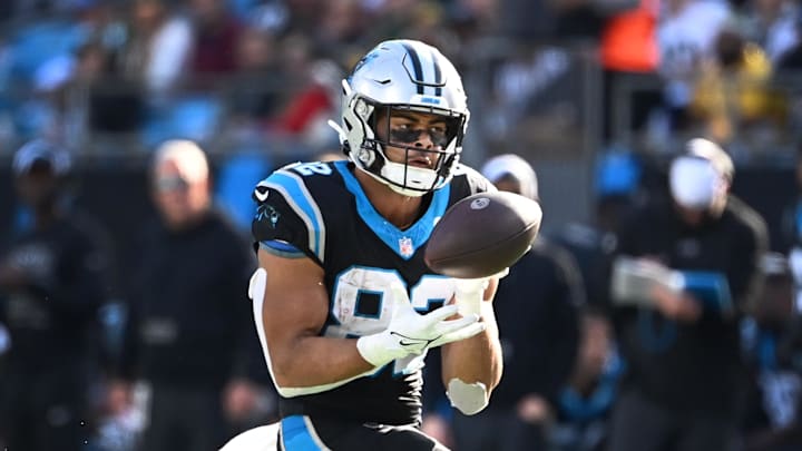 Dec 24, 2023; Charlotte, North Carolina, USA; Carolina Panthers tight end Tommy Tremble (82) catches the ball in the second quarter at Bank of America Stadium. Bob Donnan-USA TODAY Sports Dec 24, 2023; Charlotte, North Carolina, USA; Carolina Panthers tight end Tommy Tremble (82) catches the ball in the second quarter at Bank of America Stadium. Bob Donnan-USA TODAY Sports