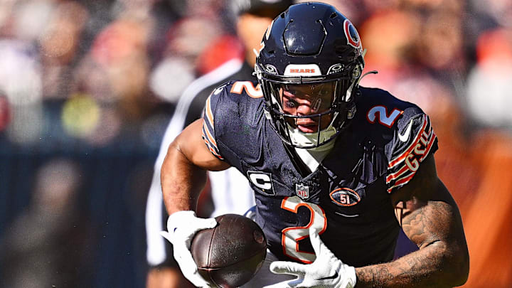 Oct 22, 2023; Chicago, Illinois, USA;  Chicago Bears wide receiver DJ Moore (2) runs with the ball
