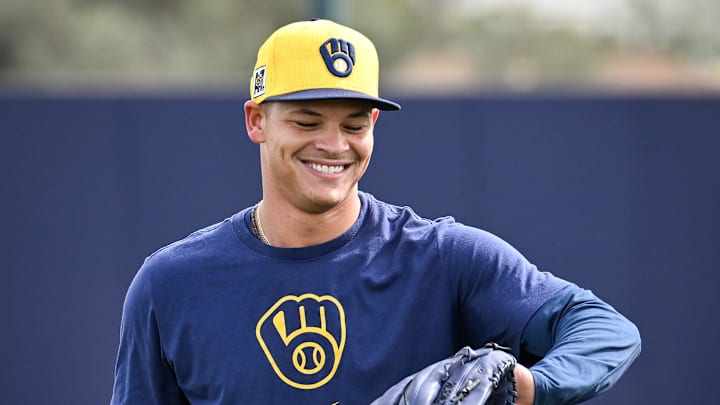 Milwaukee Brewers pitcher Tobias Myers catches the ball during spring training workouts Monday, February 17, 2025, at American Family Fields of Phoenix in Phoenix, Arizona.