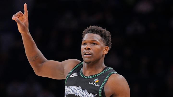 Feb 9, 2026; Minneapolis, Minnesota, USA; Minnesota Timberwolves guard Anthony Edwards (5) against the Atlanta Hawks in the fourth quarter at Target Center. Mandatory Credit: Brad Rempel-Imagn Images Feb 9, 2026; Minneapolis, Minnesota, USA; Minnesota Timberwolves guard Anthony Edwards (5) against the Atlanta Hawks in the fourth quarter at Target Center. Mandatory Credit: Brad Rempel-Imagn Images
