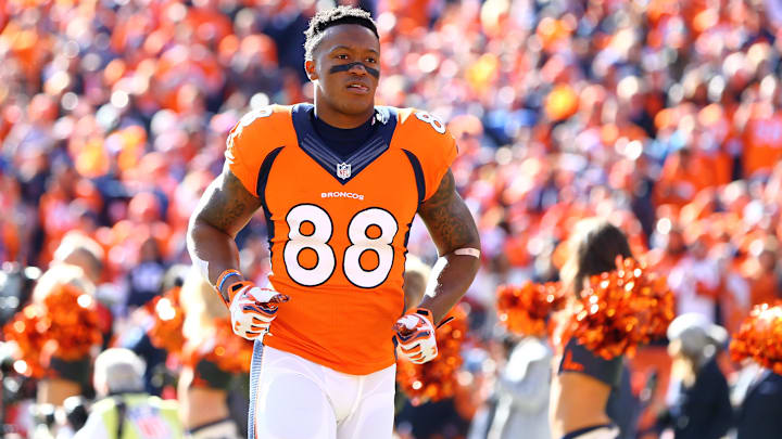 Jan 24, 2016; Denver, CO, USA; Denver Broncos wide receiver Demaryius Thomas (88) against the New England Patriots in the AFC Championship football game at Sports Authority Field at Mile High. The Broncos defeated the Patriots 20-18 to advance to the Super Bowl. Jan 24, 2016; Denver, CO, USA; Denver Broncos wide receiver Demaryius Thomas (88) against the New England Patriots in the AFC Championship football game at Sports Authority Field at Mile High. The Broncos defeated the Patriots 20-18 to advance to the Super Bowl.