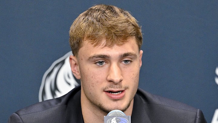 Dallas Mavericks first overall pick Cooper Flagg speaks to the media during a press conference at the Dallas Mavericks Practice Facility. Mandatory Credit: Jerome Miron-Imagn Images