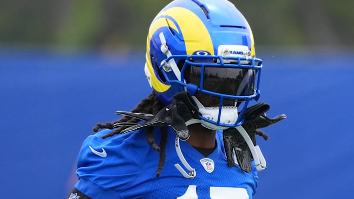 May 28, 2025; Woodland Hills, CA, USA; Los Angeles Rams wide receiver Davante Adams (17) participates in offensive drills during organized team activities at Rams Practice Facility. Mandatory Credit: Kirby Lee-Imagn Images May 28, 2025; Woodland Hills, CA, USA; Los Angeles Rams wide receiver Davante Adams (17) participates in offensive drills during organized team activities at Rams Practice Facility. Mandatory Credit: Kirby Lee-Imagn Images