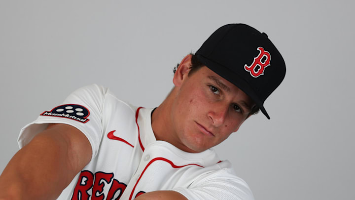 Boston Red Sox outfielder Roman Anthony (48) participates in media day at JetBlue Park at Fenway South on Feb. 18.