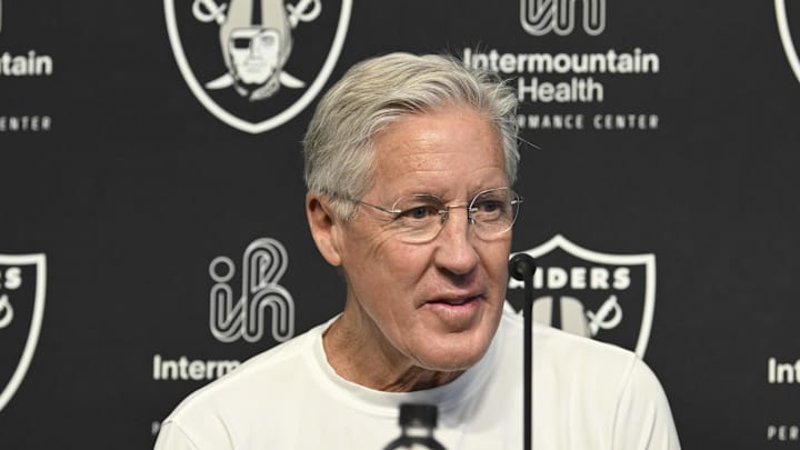 Las Vegas Raiders head coach Pete Carroll at a news conference introducing Ashton Jeanty as the first round draft pick in the 2025 NFL Draft.