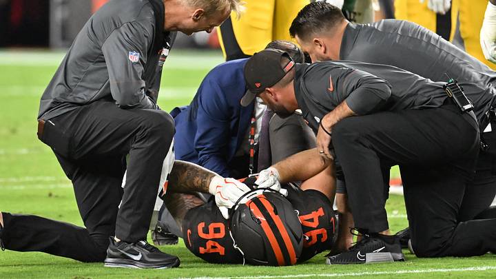 Oct 1, 2026; Cleveland, Ohio, USA; Cleveland Browns medical staff tend to Cleveland Browns defensive tackle Mason Graham (94) on the field in the first half at Huntington Bank Field. Mandatory Credit: Ken Blaze-Imagn Images Oct 1, 2026; Cleveland, Ohio, USA; Cleveland Browns medical staff tend to Cleveland Browns defensive tackle Mason Graham (94) on the field in the first half at Huntington Bank Field. Mandatory Credit: Ken Blaze-Imagn Images