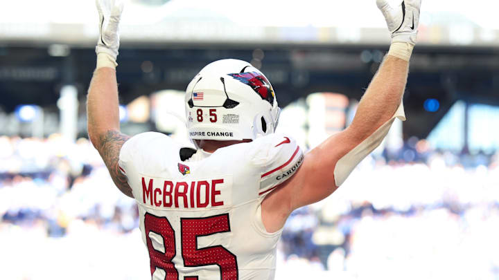 Oct 12, 2025; Indianapolis, Indiana, USA; Arizona Cardinals tight end Trey McBride (85) celebrates after scoring a touchdown against the Indianapolis Colts during the third quarter of the game at Lucas Oil Stadium. Mandatory Credit: Trevor Ruszkowski-Imagn Images Oct 12, 2025; Indianapolis, Indiana, USA; Arizona Cardinals tight end Trey McBride (85) celebrates after scoring a touchdown against the Indianapolis Colts during the third quarter of the game at Lucas Oil Stadium. Mandatory Credit: Trevor Ruszkowski-Imagn Images