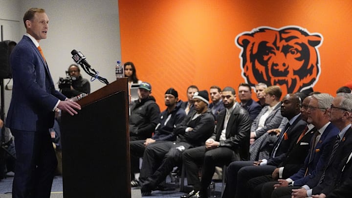 Jan 22, 2025; Lake Forest, IL, USA; Chicago Bears head coach Ben Johnson answers questions during a introductory press conference at PNC Center.