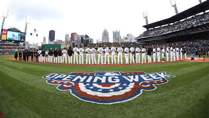 Apr 7, 2017; Pittsburgh, PA, USA; Pittsburgh Pirates players stand for the national anthem before playing the Atlanta Braves in the 2017 season opening home game at PNC Park. Mandatory Credit: Charles LeClaire-USA TODAY Sports