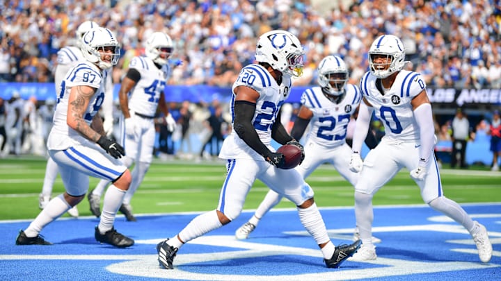 Oct 19, 2025; Inglewood, California, USA; Indianapolis Colts safety Nick Cross (20) celebrates an interception against the Los Angeles Chargers in the first half at SoFi Stadium. Oct 19, 2025; Inglewood, California, USA; Indianapolis Colts safety Nick Cross (20) celebrates an interception against the Los Angeles Chargers in the first half at SoFi Stadium.
