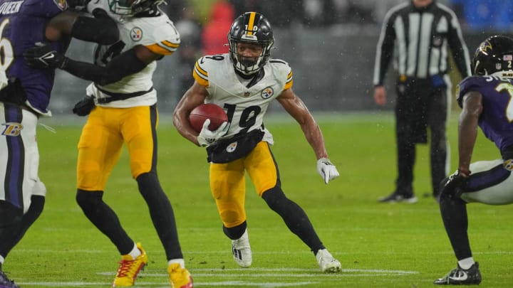 Jan 6, 2024; Baltimore, Maryland, USA; Pittsburgh Steelers  wide receiver Calvin Austin III (19) gains yards after his catch in the first quarter against the Baltimore Ravens at M&T Bank Stadium. Mandatory Credit: Mitch Stringer-USA TODAY Sports