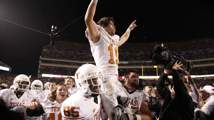 Nov 24, 2011; College Station, TX, USA; Texas Longhorns kicker Justin Tucker (19) is carried off the field after kicking a game-winning 40-yard field goal against Texas A&M.