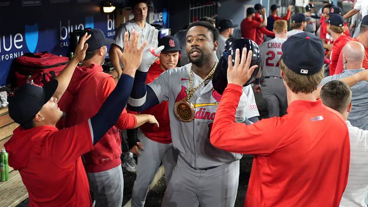 Sep 1, 2026; Los Angeles, California, USA; St. Louis Cardinals outfielder Jordan Walker (18) celebrates in the dugout after hitting a two run home run during the fourth inning against the Los Angeles Dodgers at Dodger Stadium. Mandatory Credit: Kirby Lee-Imagn Images Sep 1, 2026; Los Angeles, California, USA; St. Louis Cardinals outfielder Jordan Walker (18) celebrates in the dugout after hitting a two run home run during the fourth inning against the Los Angeles Dodgers at Dodger Stadium. Mandatory Credit: Kirby Lee-Imagn Images