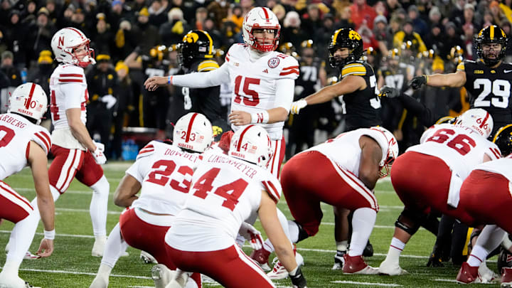 Nebraska Cornhuskers quarterback Dylan Raiola (15) reacts as his team is called for a false start against the Iowa Hawkeyes Friday, Nov. 29, 2024 at Kinnick Stadium in Iowa City, Iowa.