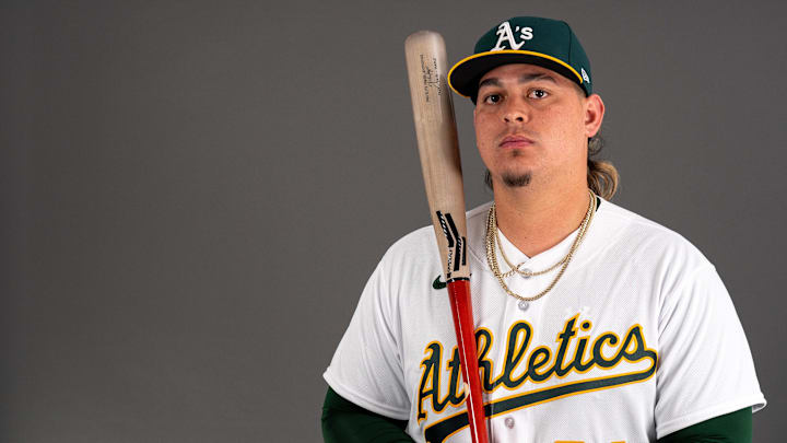 Feb 23, 2023; Mesa, AZ, USA; Oakland Athletics catcher Yohel Pozo (31) poses for a portrait during spring training photo day at HoHoKam Stadium. Mandatory Credit: Allan Henry-Imagn Images Feb 23, 2023; Mesa, AZ, USA; Oakland Athletics catcher Yohel Pozo (31) poses for a portrait during spring training photo day at HoHoKam Stadium. Mandatory Credit: Allan Henry-Imagn Images