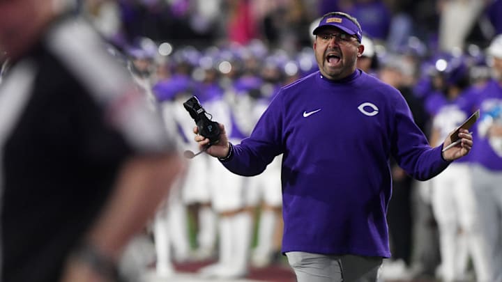 Canyon's head football coach Todd Winfrey yells at the referees after a call during the Class 4A Division I area-round high school football game, Friday, Nov. 17, 2023, at Bain-Schaeffer Buffalo Stadium in Canyon. Winfrey was relieved of his coaching duties on Oct. 6.