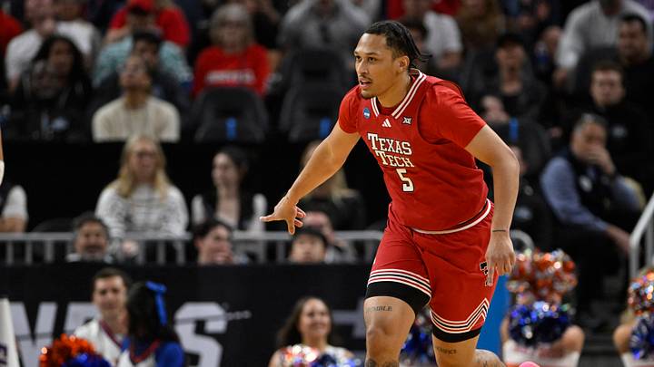 Mar 29, 2025; San Francisco, CA, USA; Texas Tech Red Raiders forward Darrion Williams (5) reacts after a three point basket during the first half against the Florida Gators during the West Regional final of the 2025 NCAA tournament at Chase Center. Mandatory Credit: Eakin Howard-Imagn Images Mar 29, 2025; San Francisco, CA, USA; Texas Tech Red Raiders forward Darrion Williams (5) reacts after a three point basket during the first half against the Florida Gators during the West Regional final of the 2025 NCAA tournament at Chase Center. Mandatory Credit: Eakin Howard-Imagn Images