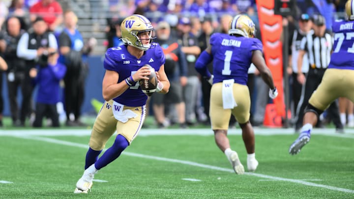 Sep 14, 2024; Seattle, Washington, USA; Washington Huskies quarterback Will Rogers (7) looks to pass the ball against the Washington State Cougars during the first half at Lumen Field. Mandatory Credit: Steven Bisig-Imagn Images