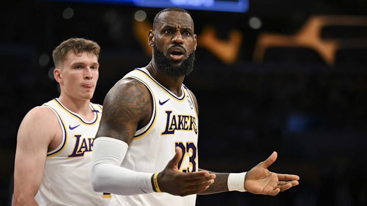 Oct 26, 2024; Los Angeles, California, USA; Los Angeles Lakers forward LeBron James (23) and guard Dalton Knecht (4) reacts to a ref’s call against the Sacramento Kings during the first half at Crypto.com Arena. Mandatory Credit: Jonathan Hui-Imagn Images Oct 26, 2024; Los Angeles, California, USA; Los Angeles Lakers forward LeBron James (23) and guard Dalton Knecht (4) reacts to a ref’s call against the Sacramento Kings during the first half at Crypto.com Arena. Mandatory Credit: Jonathan Hui-Imagn Images