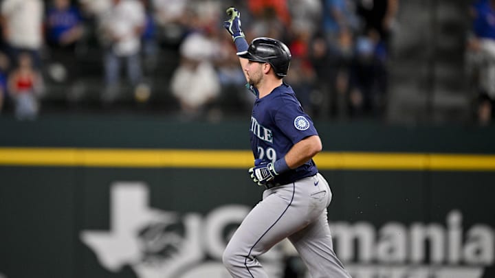 Seattle Mariners catcher Cal Raleigh runs after hitting a grand slam against the Texas Rangers on May 2 at Globe Life Field.
