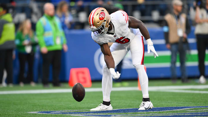 Oct 10, 2024; Seattle, Washington, USA; San Francisco 49ers safety Malik Mustapha (6) celebrates after intercepting the ball against the Seattle Seahawks during the first half at Lumen Field. Mandatory Credit: Steven Bisig-Imagn Images