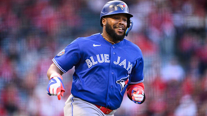 Toronto Blue Jays first baseman Vladimir Guerrero Jr. (27) runs after hitting a single during the first inning against the Los Angeles Angels at Angel Stadium. 