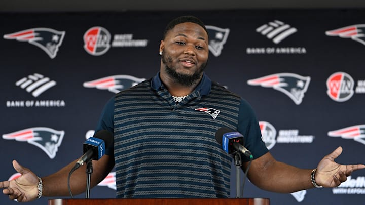 Mar 13, 2025; Foxborough, MA, USA; New England Patriots defensive tackle Milton Williams discusses his recent free agent addition to the Patriots with the media at Gillette Stadium. Mandatory Credit: Eric Canha-Imagn Images