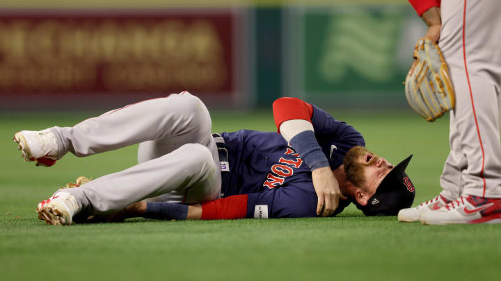 Apr 5, 2024; Anaheim, California, USA; Boston Red Sox shortstop Trevor Story (10) reacts after an Apr 5, 2024; Anaheim, California, USA; Boston Red Sox shortstop Trevor Story (10) reacts after an