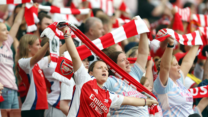 Arsenal women fans at the Emirates for their opening WSL game against Manchester City