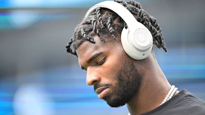 Aug 8, 2025; Charlotte, North Carolina, USA;  Cleveland Browns quarterback Shedeur Sanders (12) before the game at Bank of America Stadium. Mandatory Credit: Bob Donnan-Imagn Images